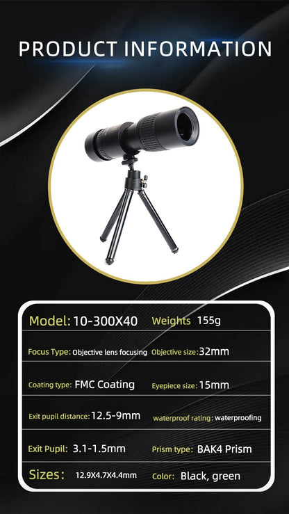 Telescópio com Zoom 10-300x40 HD 4K Binóculos Portáteis Potentes de Longo Alcance Monocular Profissional BAK4-Prismas Para Caça e Acampamento