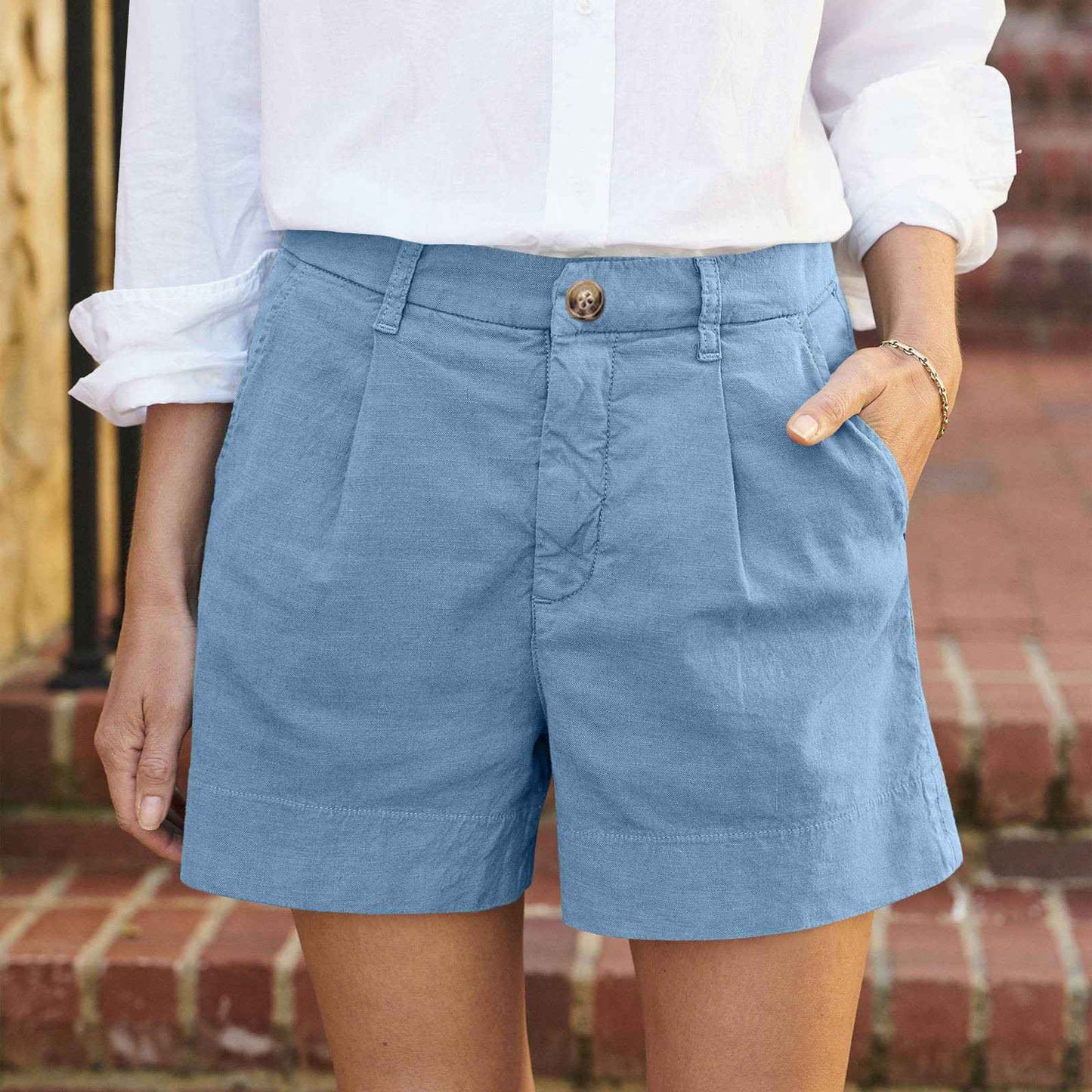 Cotton Linen Solid Shorts For Women Button High Waist Summer Loose Casual Pockets Shorts Female Pants Women Clothing