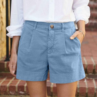 Cotton Linen Solid Shorts For Women Button High Waist Summer Loose Casual Pockets Shorts Female Pants Women Clothing