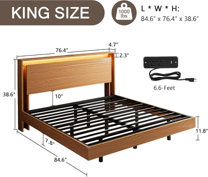 Cama Box King Size com LED e Estação de Carregamento – Estrutura Flutuante de Madeira com Cabeceira Armazenadora, Estrados Adesivos