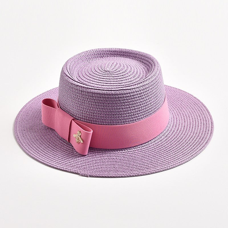 Novos Chapéus de Palha Primavera Verão Femininos de Superfície Ondulada, Topo Reto, Laço, Boné de Vestido, Chapéu de Sol para Viagem e Praia, Gorra