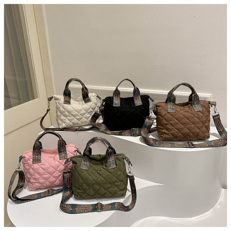 Women Wide Shoulder Belt Handbag Fall/Winter Rhombus Space Cotton Shoulder Bag Large Capacity All-Match Shopping Tote Bag