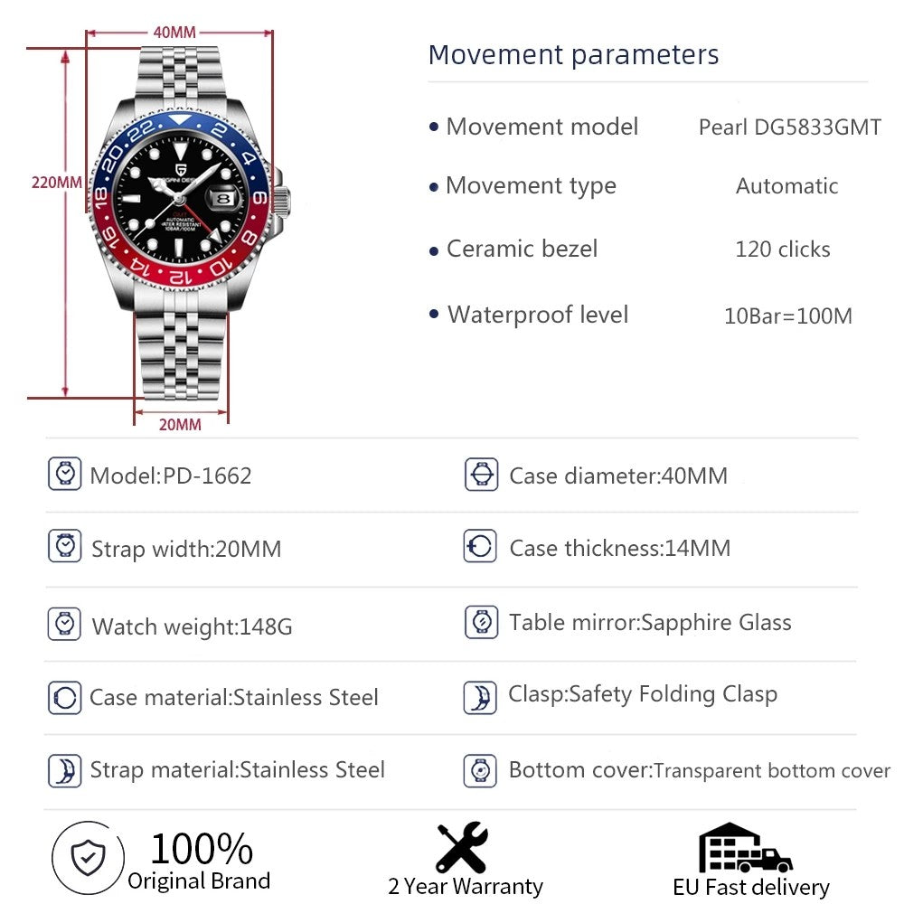 PAGANI DESIGN V3 Versão Relógios GMT Masculino Luxo Safira Relógio Automático Mecânico 40MM Aço Inoxidável À Prova D' Água