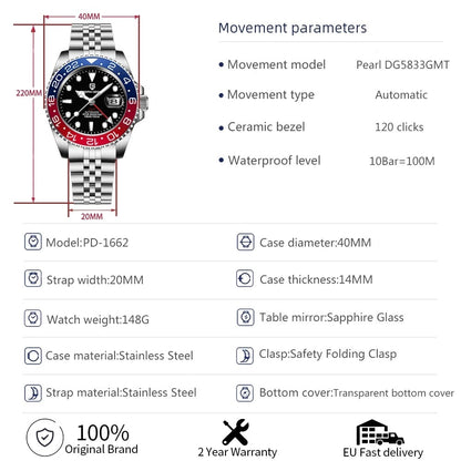 PAGANI DESIGN V3 Versão Relógios GMT Masculino Luxo Safira Relógio Automático Mecânico 40MM Aço Inoxidável À Prova D' Água