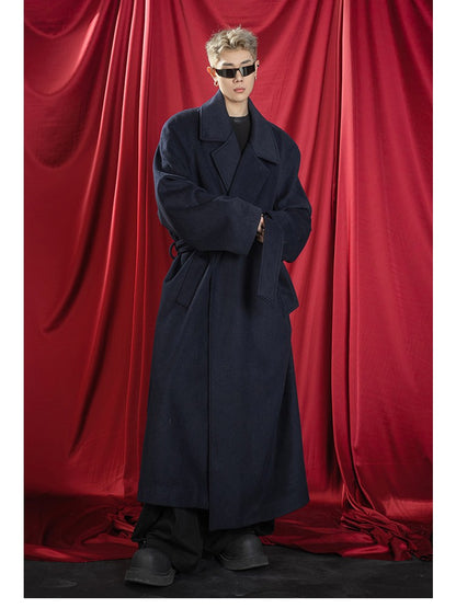 Mauroicardi Autumn Winter Oversized Extra Long Warm Navy Blue Wool Blends Coat Men Loose Luxury Designer Woolen Overcoat 2024