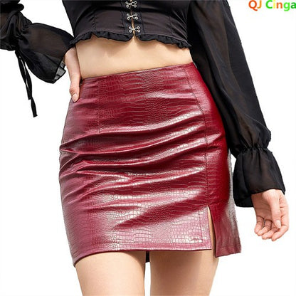 New Autumn Red Women's Crocodile Print PU Skirt,  Brown Small Stretch Slim Skirts.