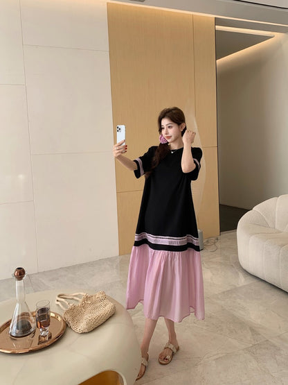 NYFS 2025 Summer Dress Loose plus Size Black Patchwork Pink Hem Long Dresses Robe Elbise Short Sleeve Korean Style Woman Dress