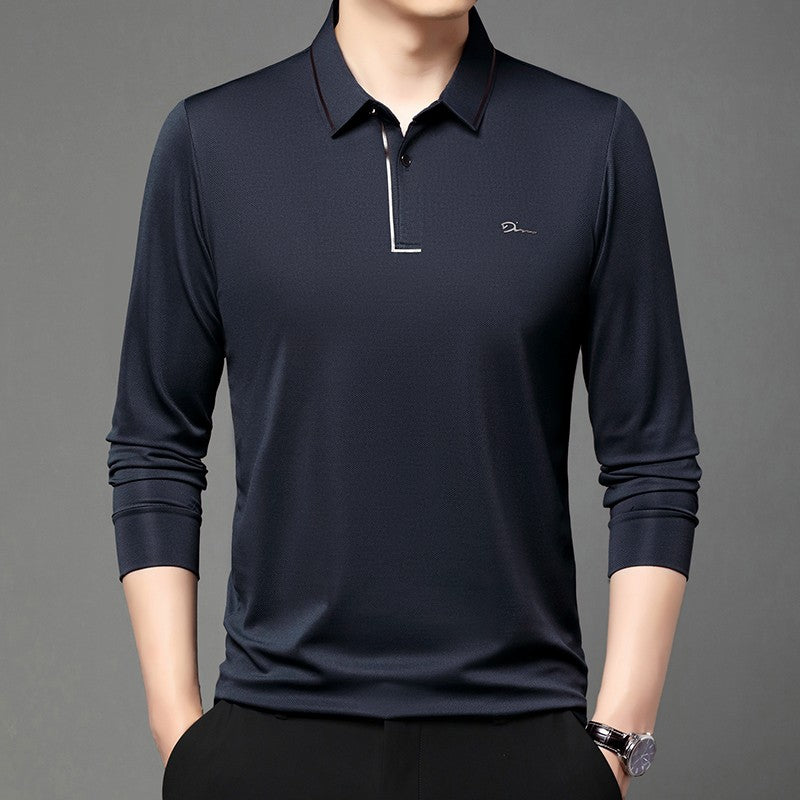 New Men's Business Casual Long Sleeved Shirt with Badge Solid Color Polo Shirt Fashionable Breathable Comfortable Versatile Top