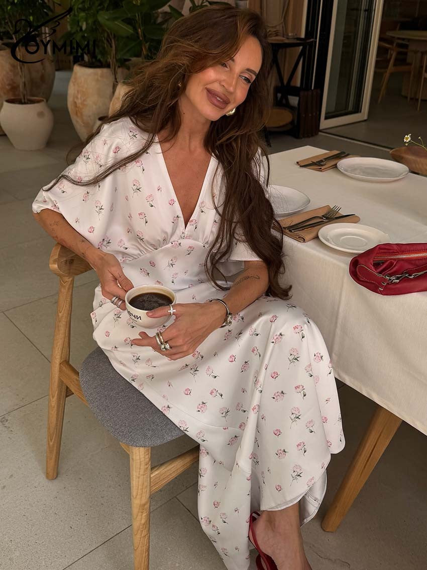 Oymimi Casual White Print Dresses For Woman Fashion V-Neck Batwing Sleeve Dresses Elegant Straight Floor-Length Dress Streetwear
