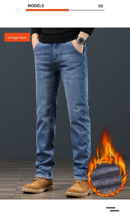 2024 Winter Warm Jeans Men's Fleece Thickened Slim Straight Trousers Fashion Stretch Cotton Casual Denim Pants Brand Clothes