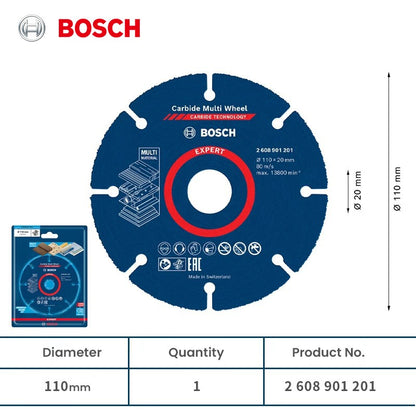 Disco de Corte Multimaterial Bosch Expert 110mm de Carbide para Madeira, Plástico, Drywall, Madeiras Duras - Acessórios para Esmerilhadeira Angular
