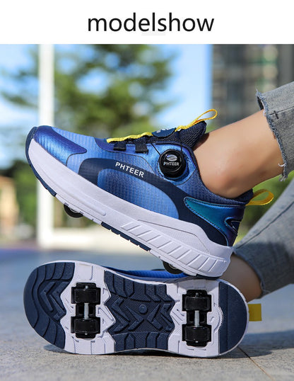 Kids Two Wheels Roller Skating Shoes With Light Magic Stick Walking Shoes Detachable Wheels Roller Skate Shoes For Teenagers