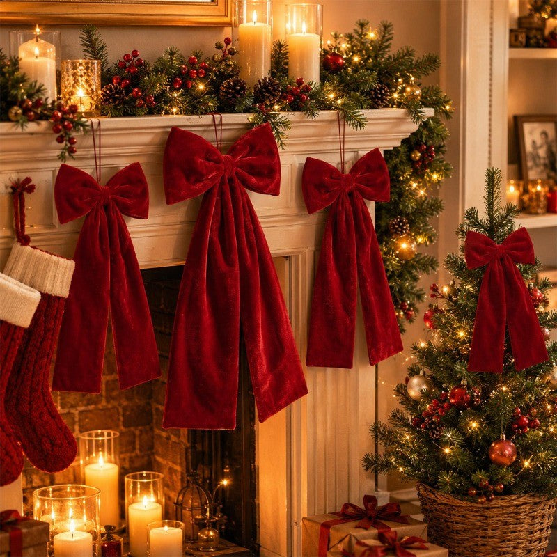 Large Size Bowknot Pendant Hanging Xmas Ornament DIY Home Party Christmas Tree Decorations Velvet Bow Burgundy Style Supplies
