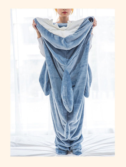 Shark Sleeping Bag Shawl Hooded Flannel Blanket Homewear Clothes Cartoon Pajamas Office Nap Animal Jumpsuit  For Children Adult