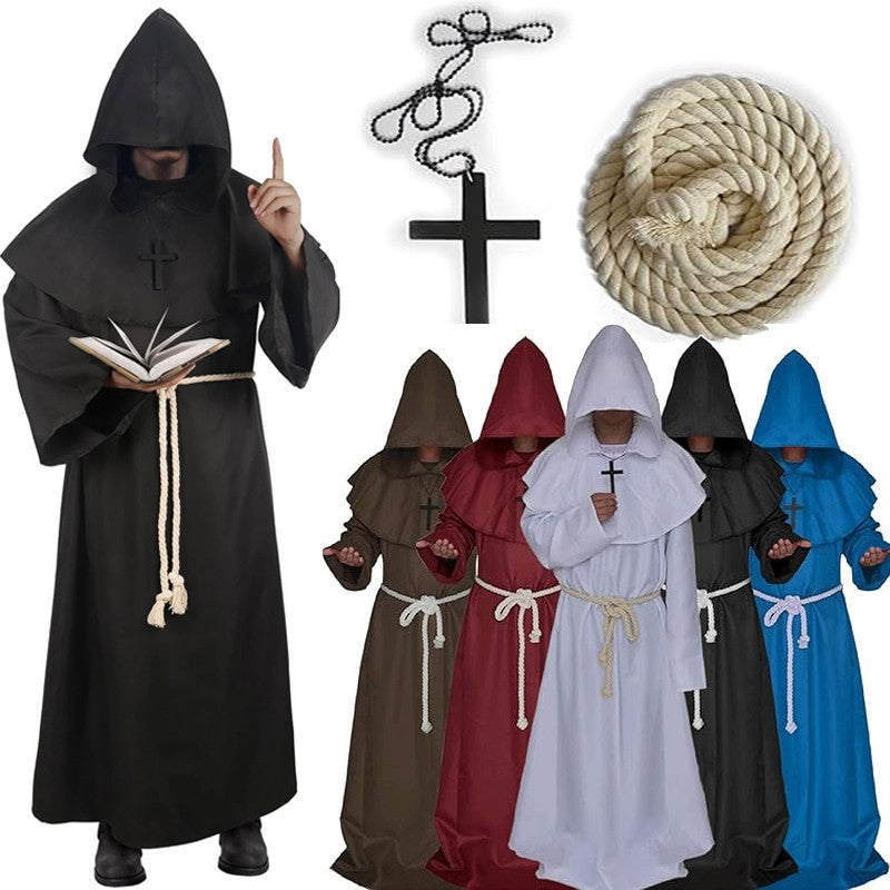 Retro Priest Robe Halloween Cosplay Costume Wizard Fancy Punk Cloak Mask Medieval Monk Robe Hooded Monk Cowl