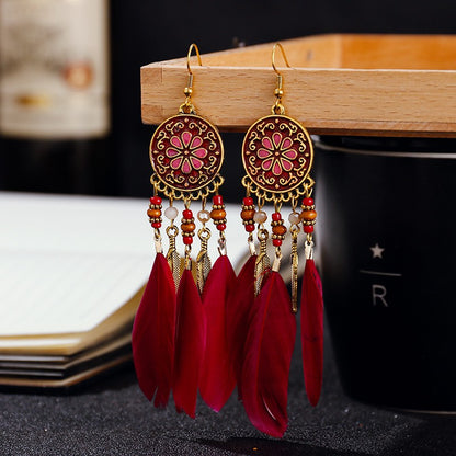 Brincos femininos longos de pena estilo boho, praia, com borla longa, miçangas, flores artesanais esmaltadas, para noiva, casamento, Pendientes Mujer
