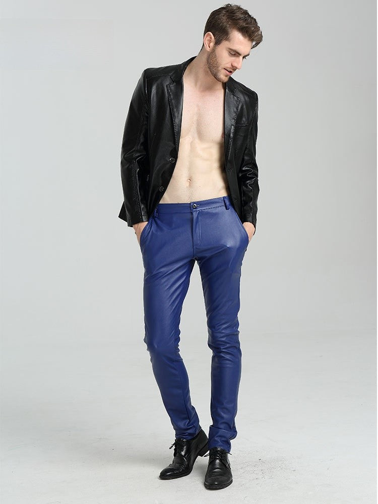 Men's Slim Fit Leather Pants Motorcycle Trendy Sle Long Trousers Thiened PU Fabric Summer Season Faionable Biker Pants