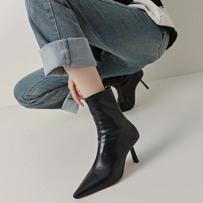 2024 New Autumn Winter Pointed Toe Women Ankle Boots Fashion Zipper Shoes Thin High Heel Women's Morder Short Booties D214