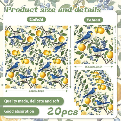 20/40/60pcs Bird Lemon Blueberry Flower Themed Party Napkins, Suitable for Party Tea Parties, Birthdays, and Desktop Decoration