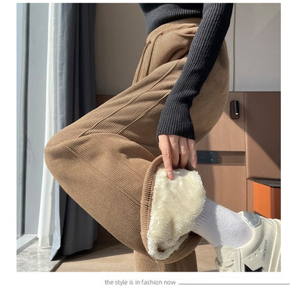 High Waist Warm Trousers Fashion Winter Fleece Thickened Women's Pants Solid Color Loose Elastic Waist Straight Casual Pants
