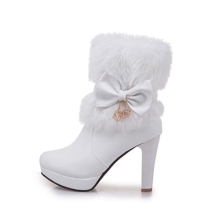 2025 New Fashion Womens Winter High Heel Boots Pink White Black Fur Tassel Bowtie Lovely Lolita Ladies Party Wedding Shoes