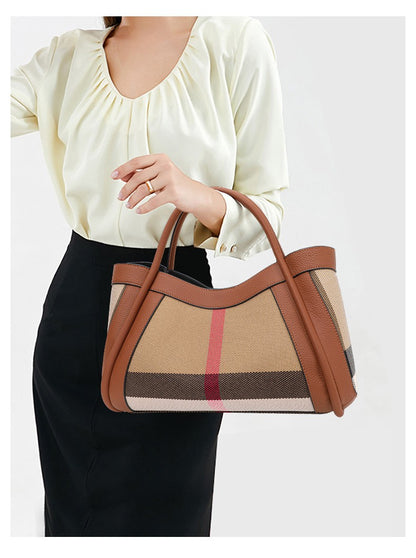 Aidrani  2025 New retro checkered women's handbag, large capacity luxury bag, canvas genuine leather bag