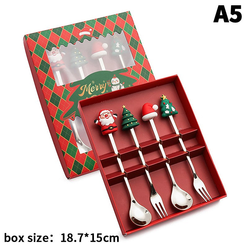 Stainless Steel Christmas Fork And Spoon Set with Gift Box for Coffee Tea Dessert Tableware