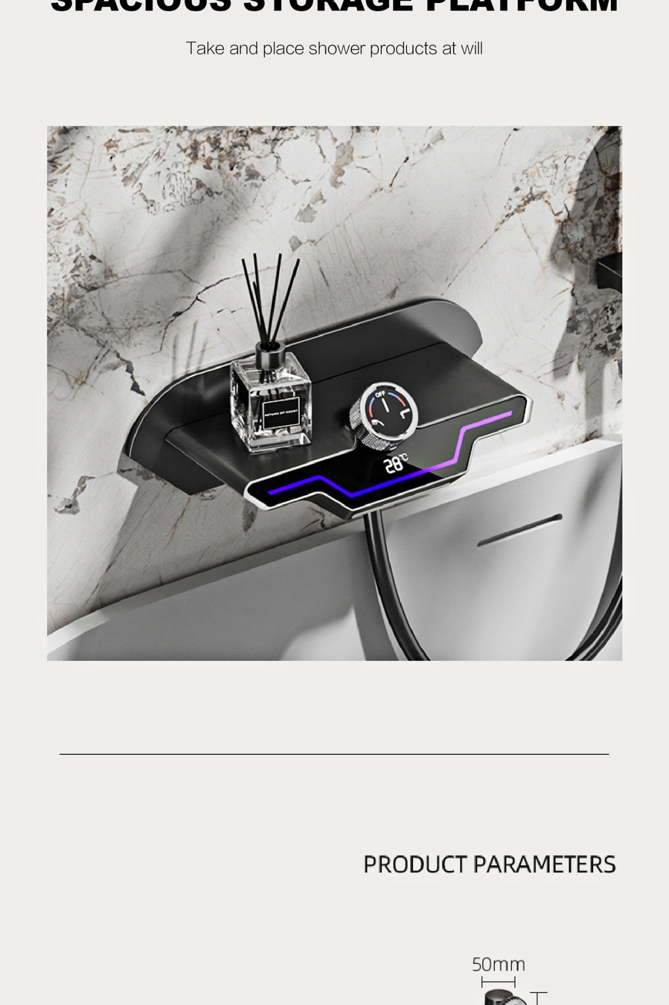 Luxury black brass wall mounted thermostatic bathroom faucet with LED digital display design, embedded hot and cold bathtub Tap