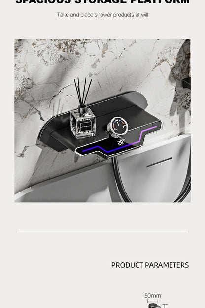 Luxury black brass wall mounted thermostatic bathroom faucet with LED digital display design, embedded hot and cold bathtub Tap