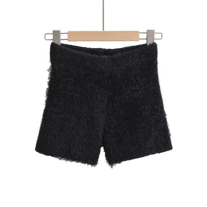 Women's Autumn Winter Faux Mink Hair Shorts Sweet Soft High Waist Slim Hairy Elasticity Shorts Fashion Knitting Homewear Shorts