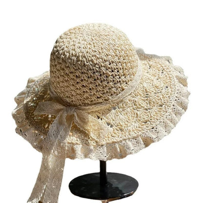 Summer Foldable Lace Edge Straw Hat for Women's Handwoven Cute Bow Sunshade Hat for Vacation Beach Hat