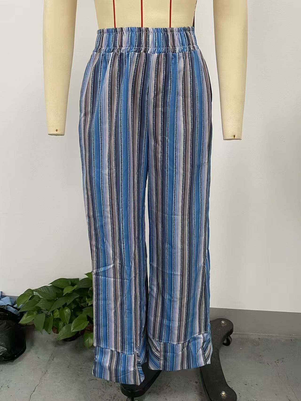 Fashion Printed Striped Wide-leg Long Pants Women's New Spring Autumn Loose Casual High-waisted Slimming Beach Long Pants Female