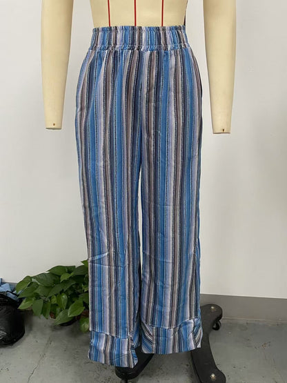 Fashion Printed Striped Wide-leg Long Pants Women's New Spring Autumn Loose Casual High-waisted Slimming Beach Long Pants Female