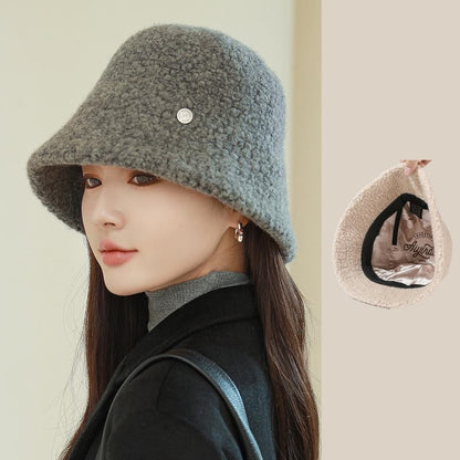 Chapéu Bucket Feminino Outono Inverno Lã Aba Larga Quebra-Sol Bob Cap Manter Quente Casual Vintage Acessórios de Chapéu Feminino