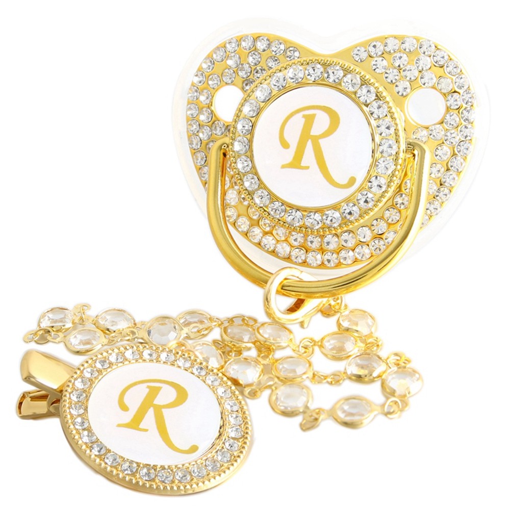26 Initial Letters Golden Baby Pacifier With Diamond Chain Clip