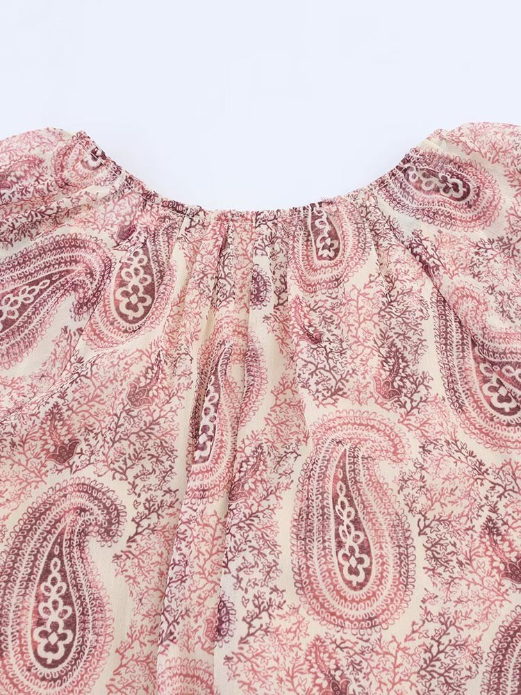 2025 Women Summer MIDI Dress Vintage Print Chiffon V-Neck Cascading Ruffle Long
