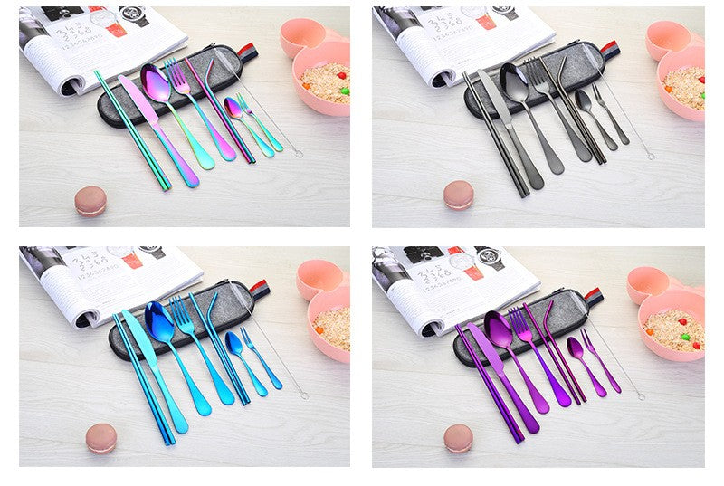 Conjunto de Talheres de Aço Inoxidável, Portátil, Faca, Garfo, Colher, Hashi, Canudo, Ocidental, Presente de Viagem, Conjunto de 9 Peças