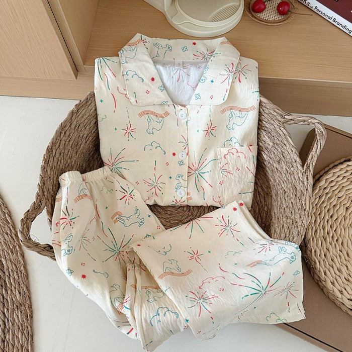 Sweet Cute Goose Print Korean Fashion Women's Pajamas Nightwear Kawaii Casual Lapel Neck Y2K Pajamas Set Autumn New Loungewear