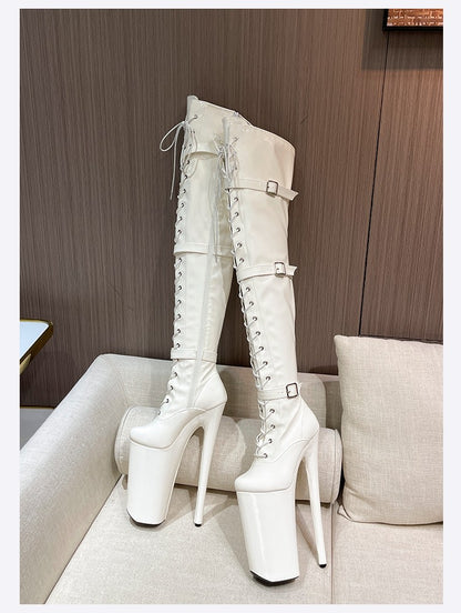 26cm Super High Heel Thigh High Boots Sexy Women Shoes Pole Dance Stripper Shoes Platform Over-the-Knee Zip Crotch High Boots