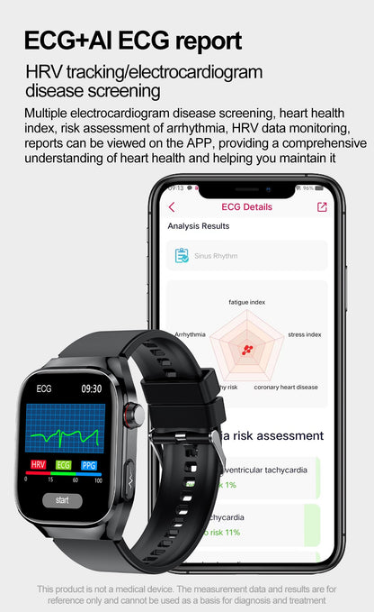 Smartwatch 2025 Novo ECG Chamada BT Feminino Frequência Cardíaca Lipídios Sanguíneos Ácido Úrico Saúde Monitores AI Voz 650mAh Esportivo