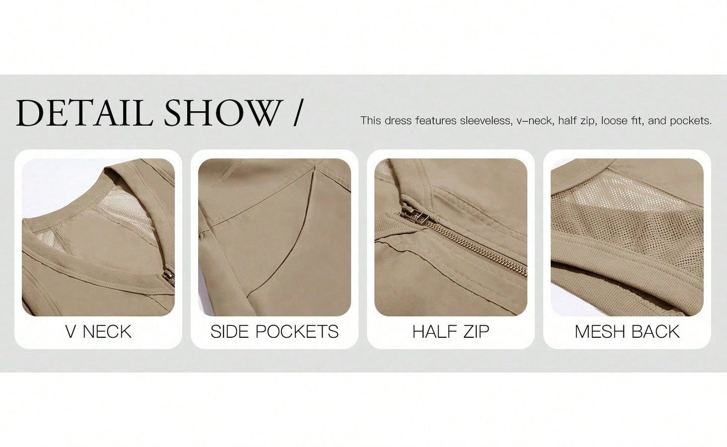 Fisoew Women's Sleeveless Mini Dress Half Zip V Neck Casual Mesh Back Summer Dress with Pockets sexy dress