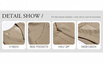 Fisoew Women's Sleeveless Mini Dress Half Zip V Neck Casual Mesh Back Summer Dress with Pockets sexy dress