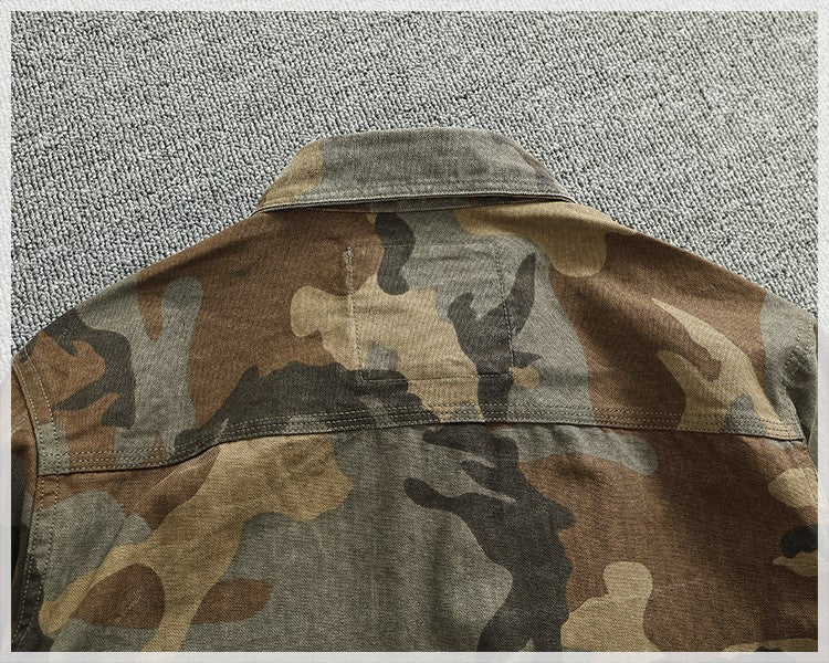 2024 Autumn and Winter New American Retro Woven Camouflage Cargo Shirt Men's 100% Cotton Washed Old Double Pockets Thin Jacket