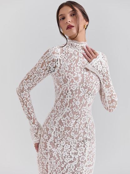 Mozision Lace Long Sleeve Sexy Midi Dress For Women Elegant White Half High Coll