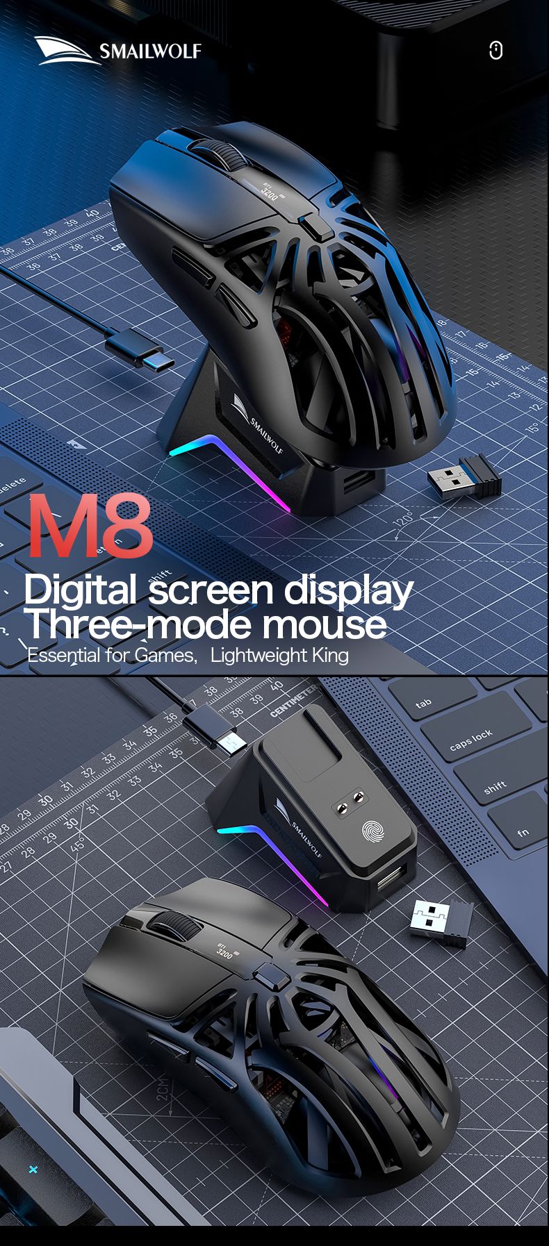 SMAILWOLF M8 Triple-Mode Wireless Mouse Connectivity for PC&Laptop 12000 DPI RGB Gaming Mouse with Magnetic Charging
