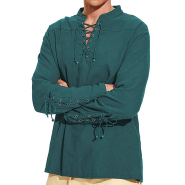 Cotton Linen Shirts for Men Medieval Costume Beach Tops Shirt Pull on Male Loose Casual Streetwear Cosplay Long Sleeve