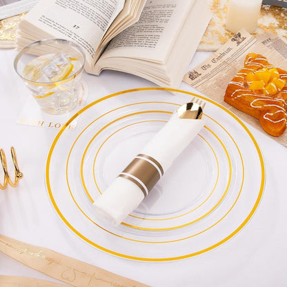 350PCS Clear Gold Plastic Dinnerware Set for 50 Guests Thanksgiving Plates Disposable Include: 50 Dinner Plates 50 Dessert Plat