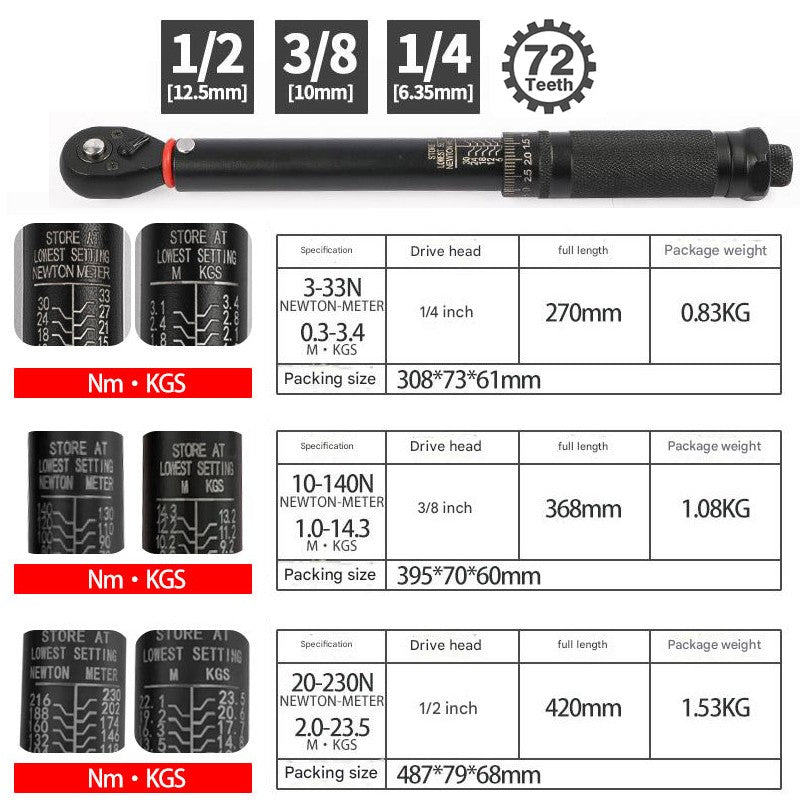 Chave de Torque 72T 1/2'' 3/8'' 1/4'' com Quadrado de Encaixe, Chave de Torque Predefinida para Bicicleta, Catraca Bidirecional, Ferramentas Manuais Automotivas para Carros e Bicicletas