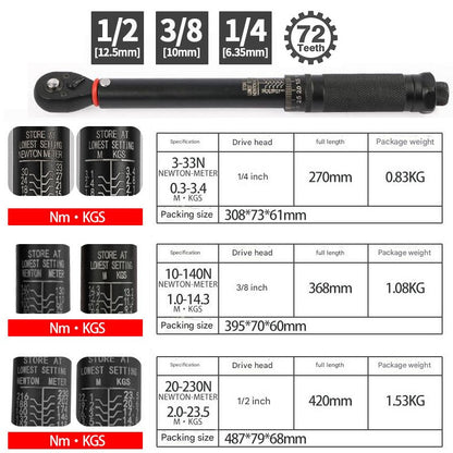 Chave de Torque 72T 1/2'' 3/8'' 1/4'' com Quadrado de Encaixe, Chave de Torque Predefinida para Bicicleta, Catraca Bidirecional, Ferramentas Manuais Automotivas para Carros e Bicicletas