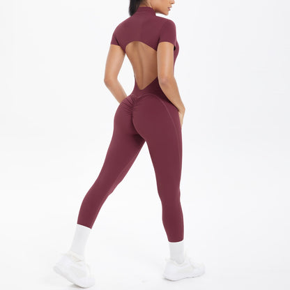 New Women's Yoga Jumpsuit Front Zipper Tight Back Hollow Out Short Sleeve-pants Activewear for Fitness Running Gym Workout
